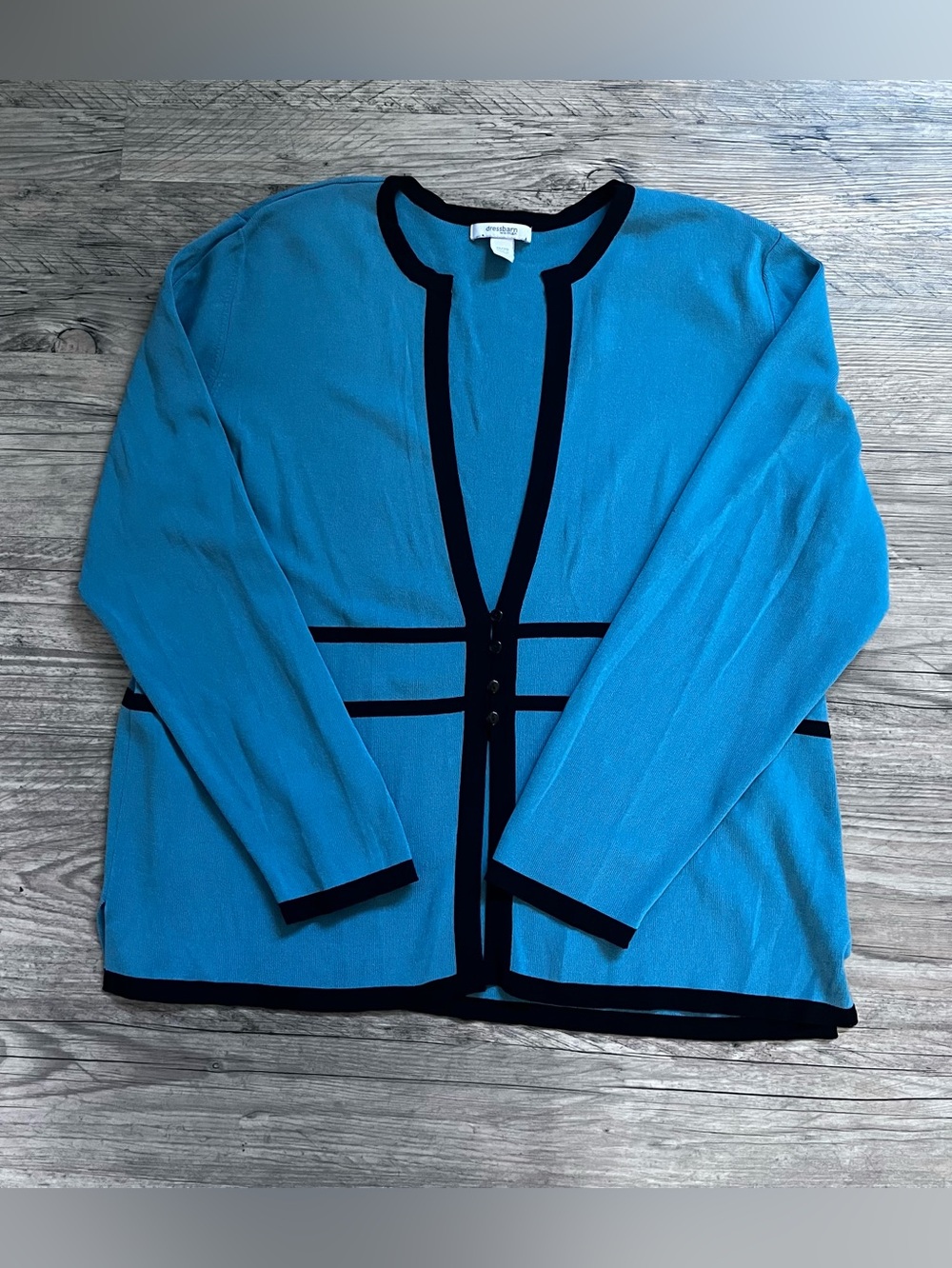 Dressbarn Woman Cardigan Sweater 18/20 Blue Black Striped Colorblock Rayon Knit